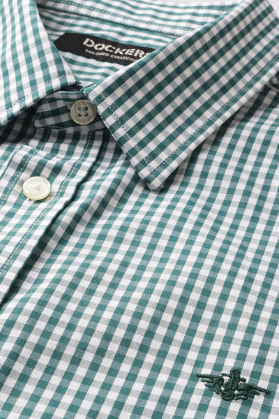 Dockers Men's Green Gingham Check Spread Collar Full Sleeve Shirt