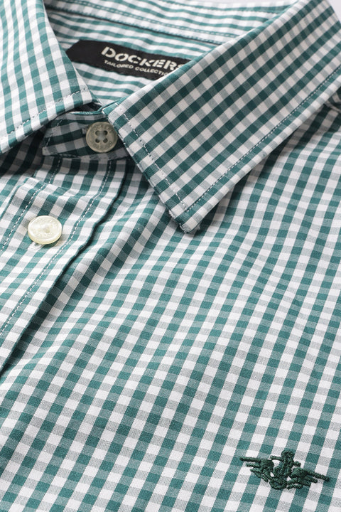 Dockers Men's Green Gingham Check Spread Collar Full Sleeve Shirt