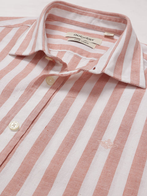Dockers Men's Orange Striped Cotton-Linen Spread Collar Full Sleeve Casual Shirt