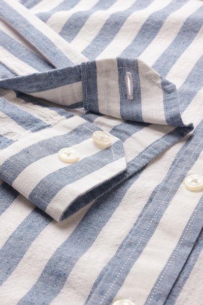 Dockers Men's Blue Striped Cotton-Linen Spread Collar Full Sleeve Casual Shirt