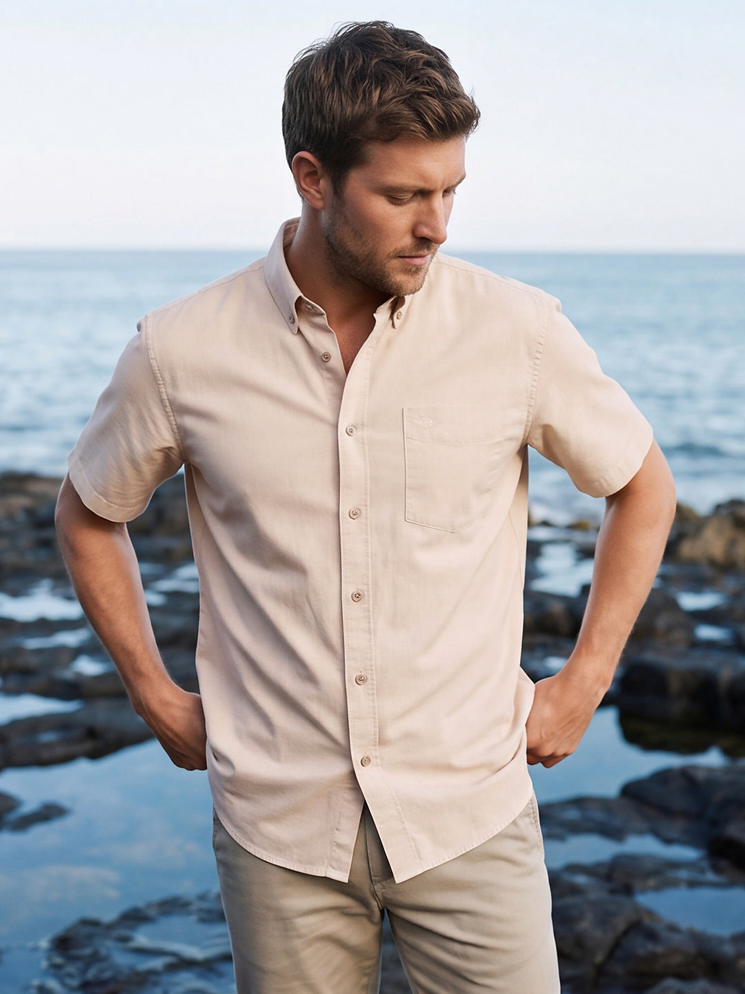 Dockers Men's Beige Oxford Button-Down Half Sleeve Shirt