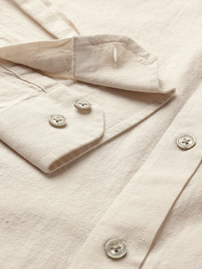 Dockers Men's Beige Solid Cotton-Linen Button-Down Full Sleeve Shirt