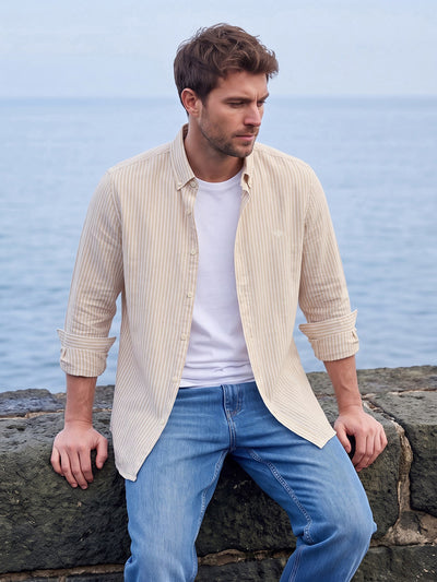 Dockers Men's Beige Striped Cotton-Linen Button-Down Full Sleeve Shirt