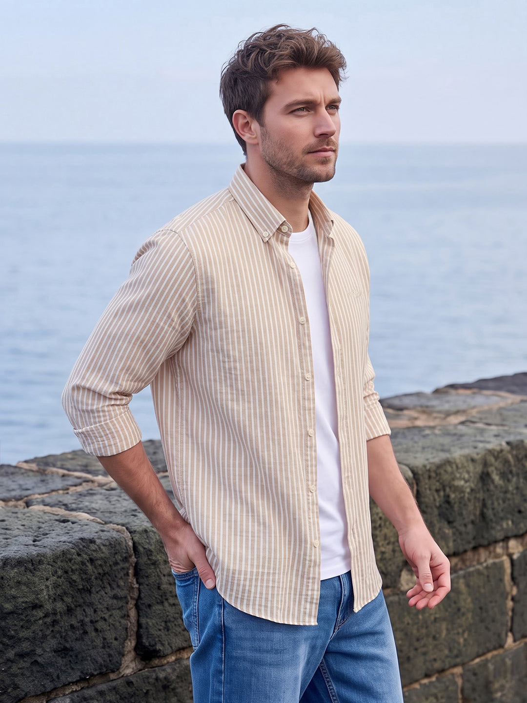 Dockers Men's Beige Striped Cotton-Linen Button-Down Full Sleeve Shirt