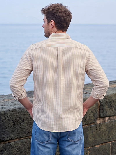 Dockers Men's Beige Striped Cotton-Linen Button-Down Full Sleeve Shirt