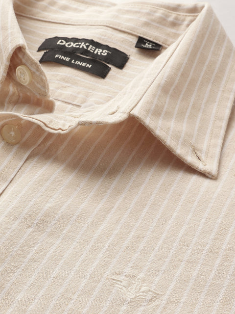 Dockers Men's Beige Striped Cotton-Linen Button-Down Full Sleeve Shirt