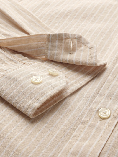 Dockers Men's Beige Striped Cotton-Linen Button-Down Full Sleeve Shirt