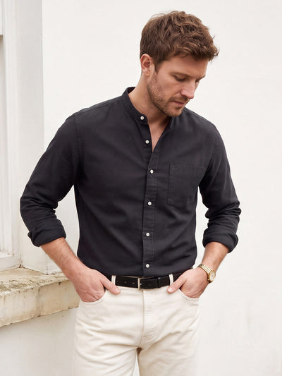 Dockers Men's Black Solid Mandarin Collar Shirt