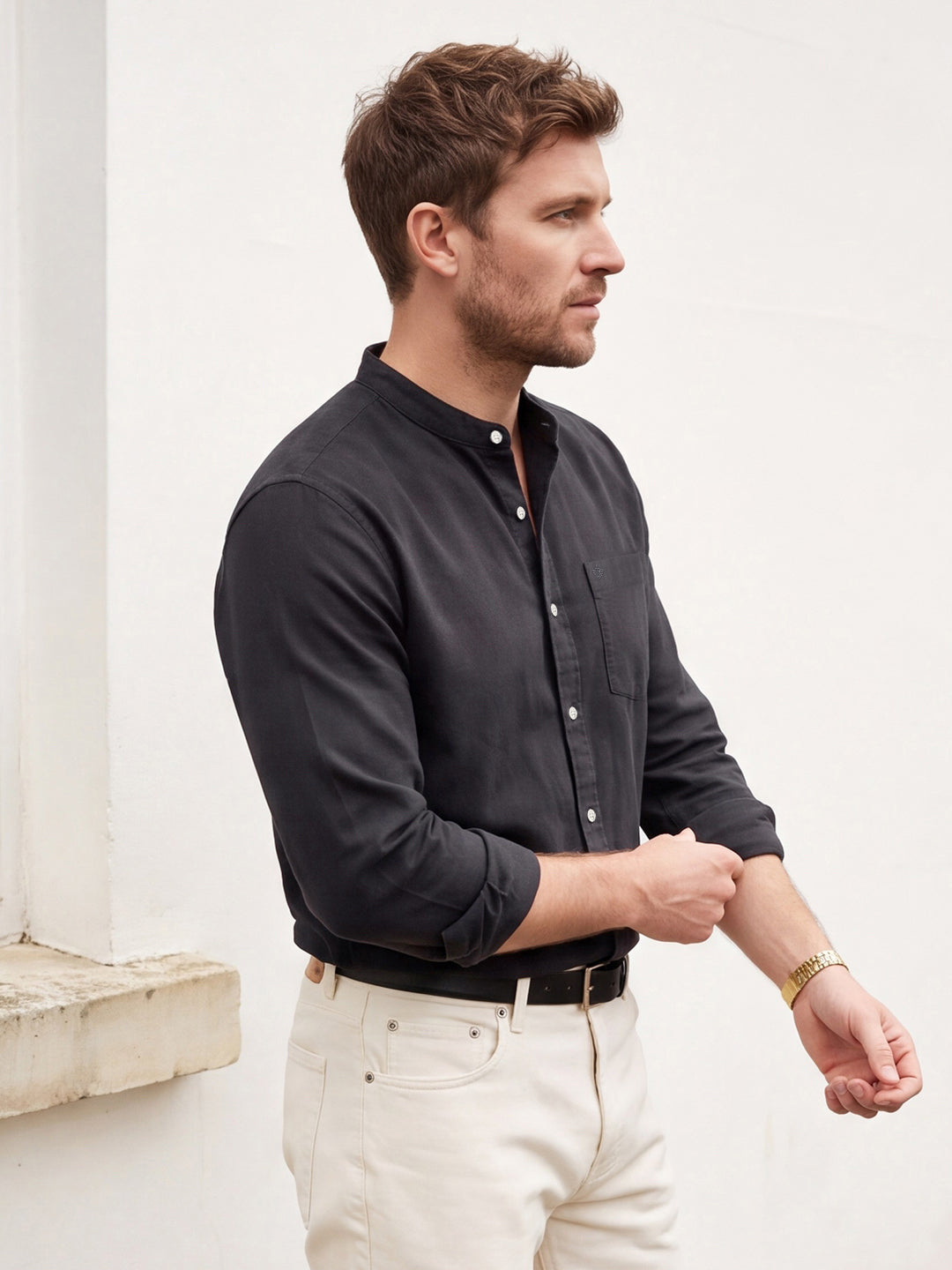 Dockers Men's Black Solid Mandarin Collar Shirt