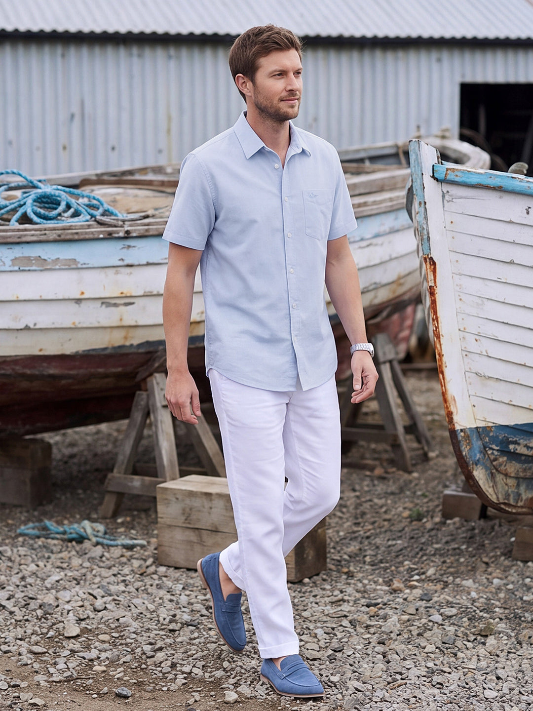 Dockers Men's Blue Solid Spread Collar Half Sleeve Shirt