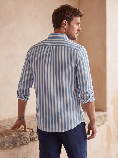 Dockers Men's Blue Striped Cotton-Linen Spread Collar Full Sleeve Shirt