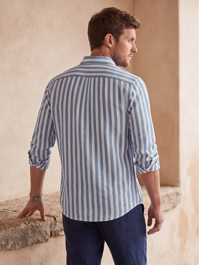 Dockers Men's Blue Striped Cotton-Linen Spread Collar Full Sleeve Shirt