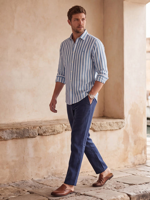 Dockers Men's Blue Striped Cotton-Linen Spread Collar Full Sleeve Shirt