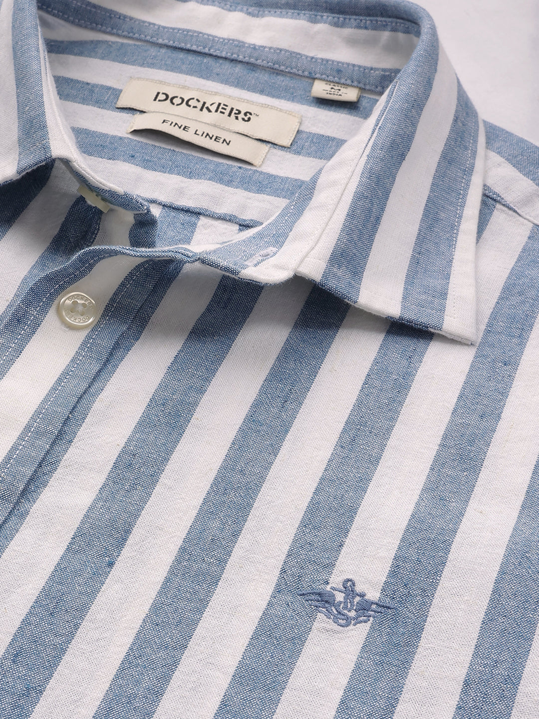 Dockers Men's Blue Striped Cotton-Linen Spread Collar Full Sleeve Shirt