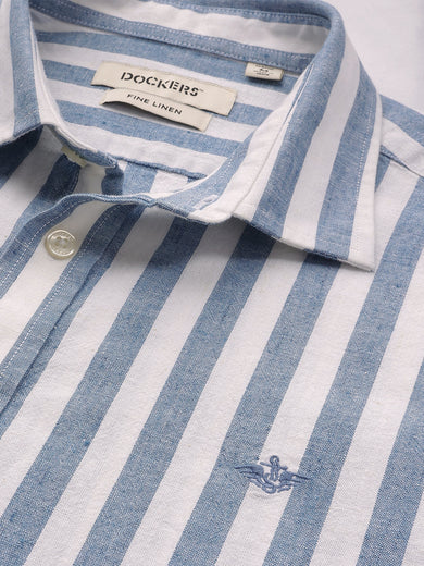 Dockers Men's Blue Striped Cotton-Linen Spread Collar Full Sleeve Shirt