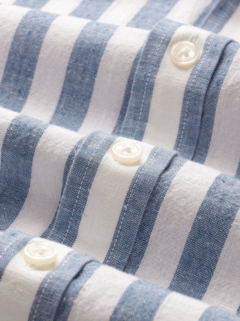 Dockers Men's Blue Striped Cotton-Linen Spread Collar Full Sleeve Shirt