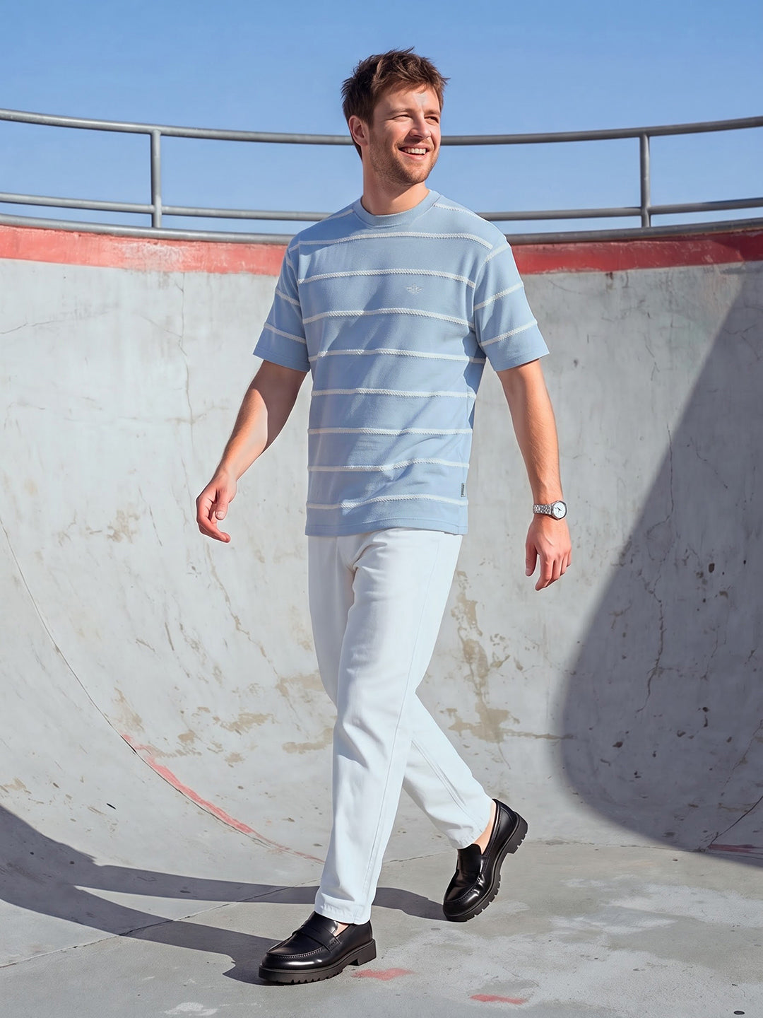 Dockers Men's Blue Striped Round Neck T-Shirt