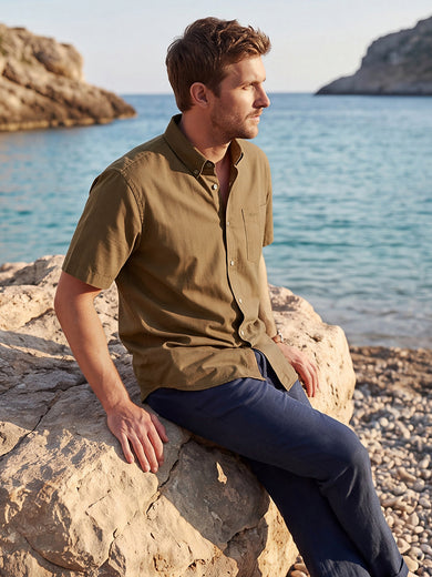 Dockers Men's Brown Oxford Button-Down Half Sleeve Shirt