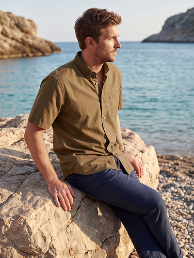 Dockers Men's Brown Oxford Button-Down Half Sleeve Shirt