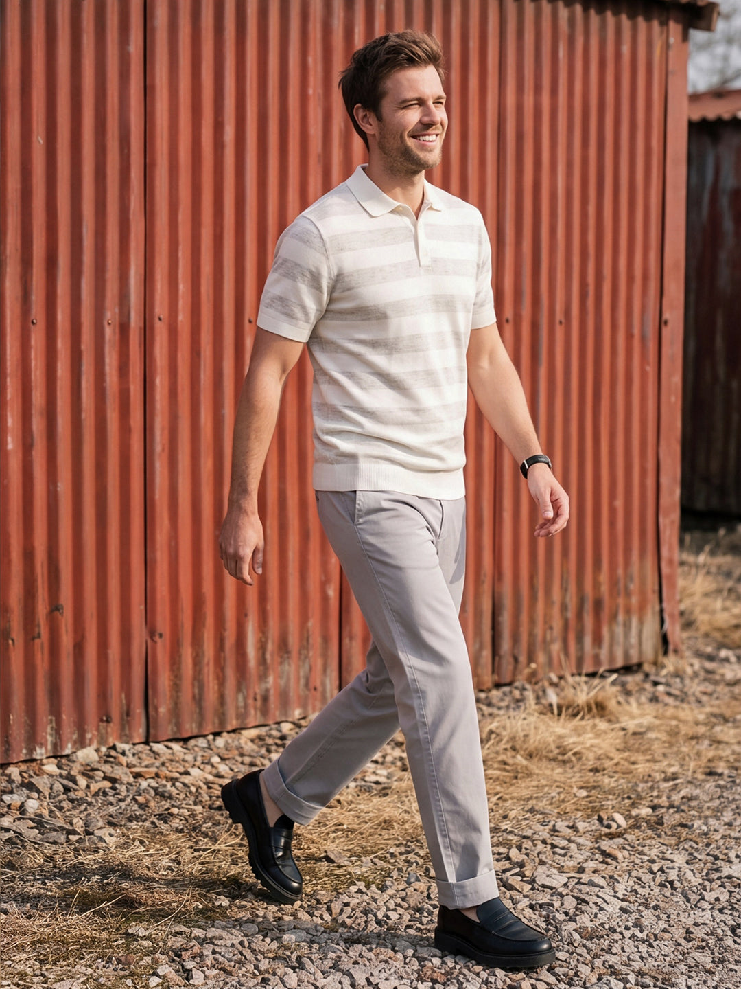 Dockers Men's Cream Striped Cotton Polo T-Shirt