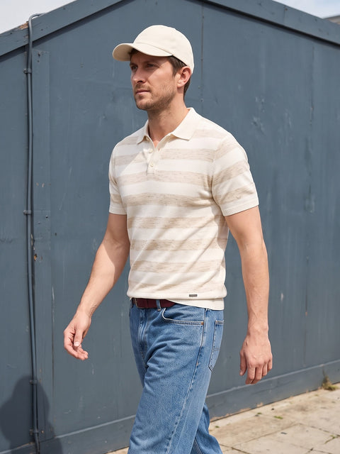 Dockers Men's Cream Striped Polo T-Shirt