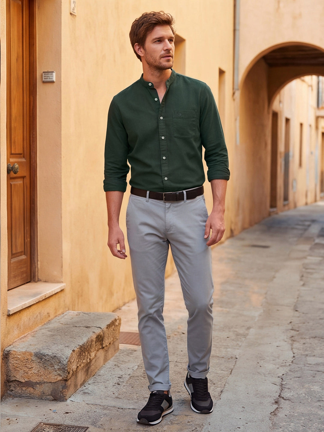Dockers Men's Green Oxford Band Collar Shirt
