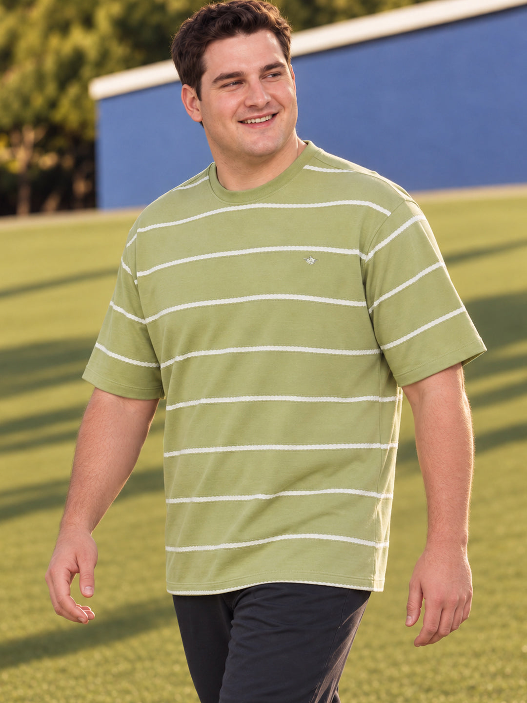 Dockers Men Green Regular Fit Short Sleeves Crew Neck Striped T-Shirt