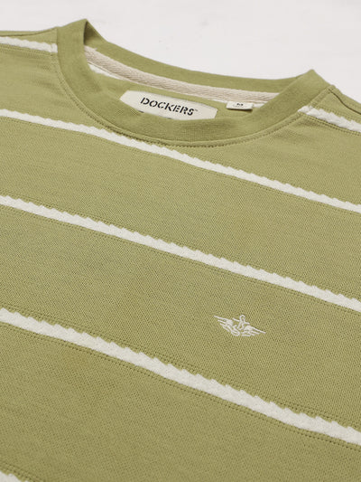 Dockers Men Green Regular Fit Short Sleeves Crew Neck Striped T-Shirt