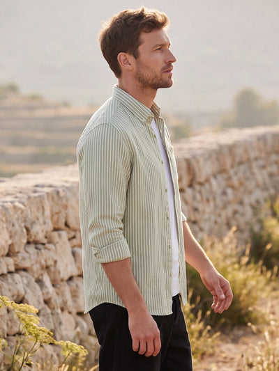 Dockers Men's Green Striped Cotton-Linen Button-Down Full Sleeve Shirt
