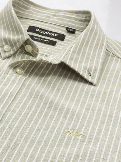 Dockers Men's Green Striped Cotton-Linen Button-Down Full Sleeve Shirt