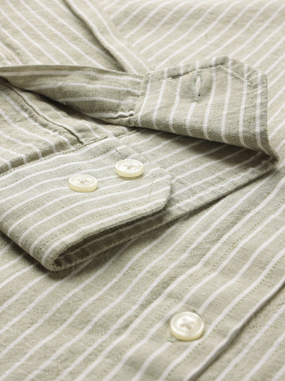 Dockers Men's Green Striped Cotton-Linen Button-Down Full Sleeve Shirt