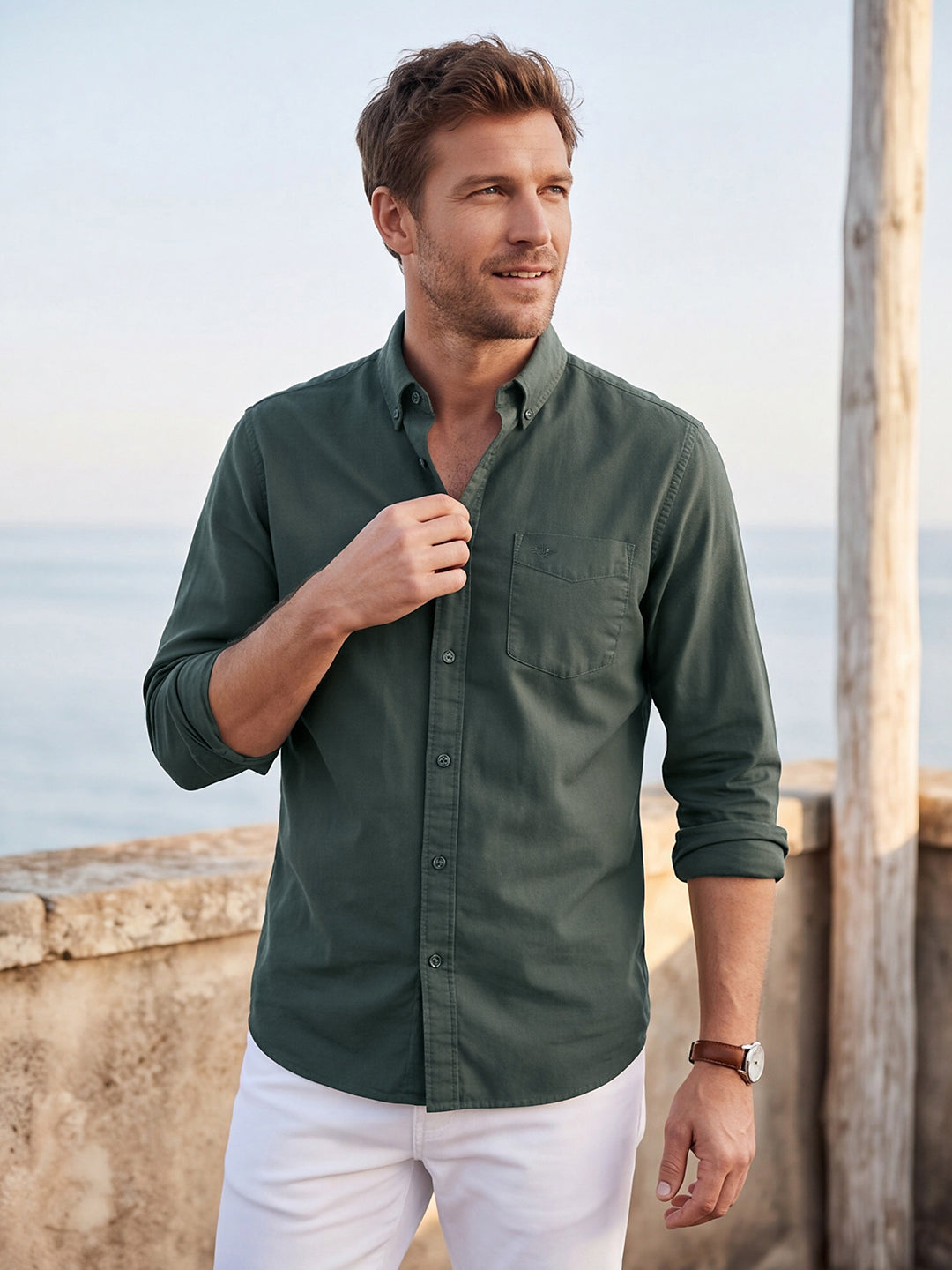 Dockers Men's Green Twill Button-Down Full Sleeve Shirt