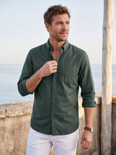 Dockers Men's Green Twill Button-Down Full Sleeve Shirt
