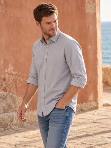 Dockers Men's Grey Textured Cotton-Linen Spread Collar Full Sleeve Shirt