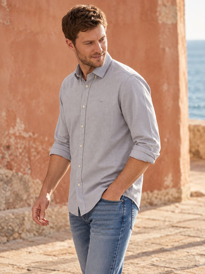 Dockers Men's Grey Textured Cotton-Linen Spread Collar Full Sleeve Shirt