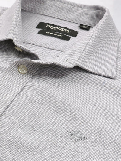 Dockers Men's Grey Textured Cotton-Linen Spread Collar Full Sleeve Shirt