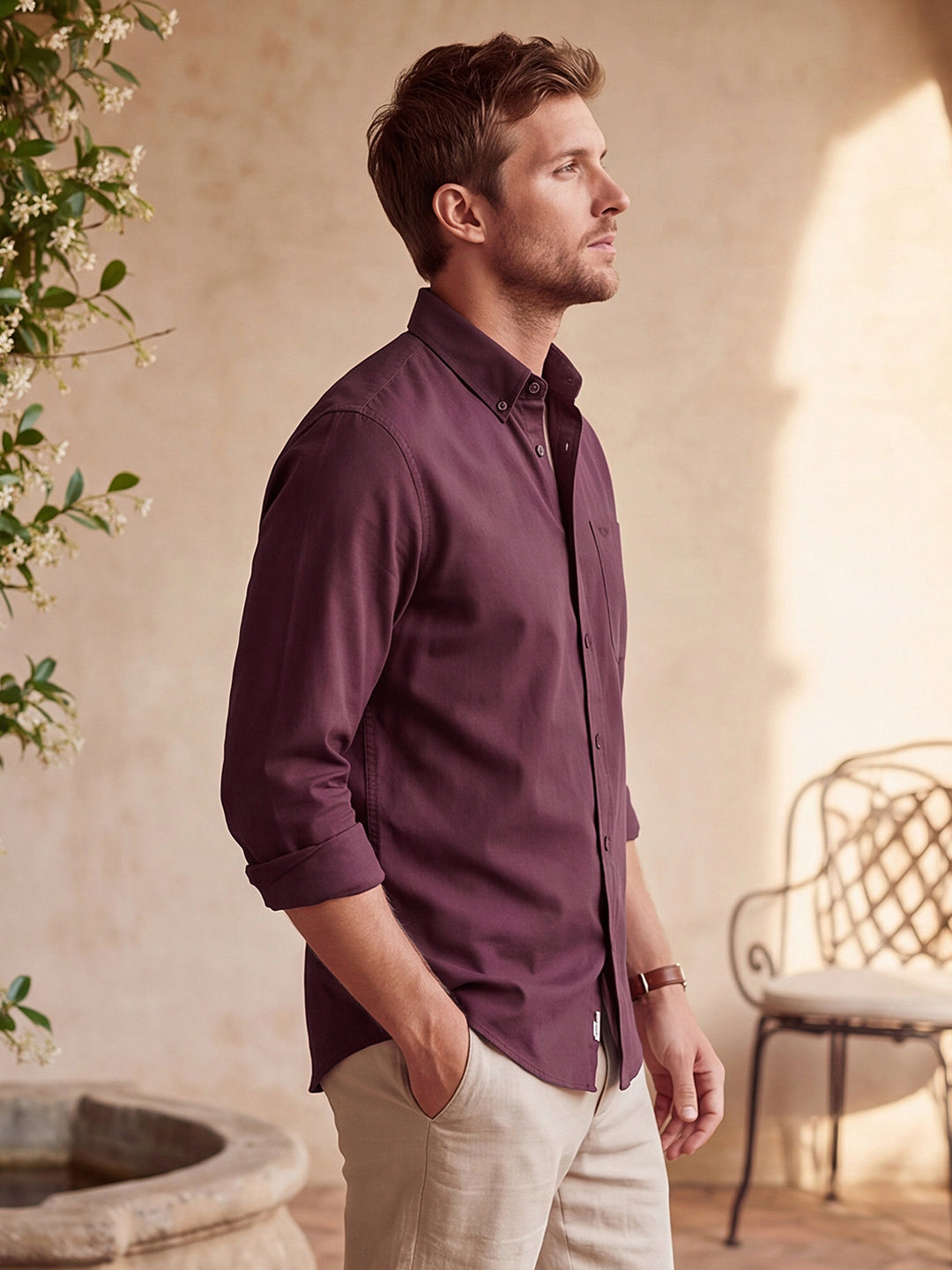 Dockers Men's Maroon Twill Button-Down Full Sleeve Shirt
