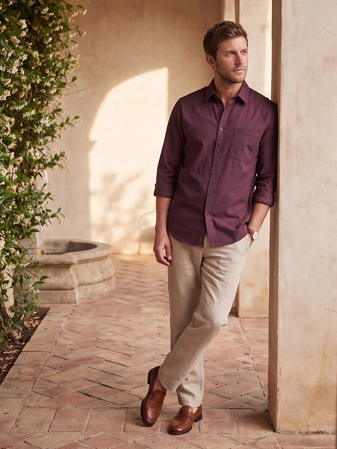 Dockers Men's Maroon Twill Button-Down Full Sleeve Shirt