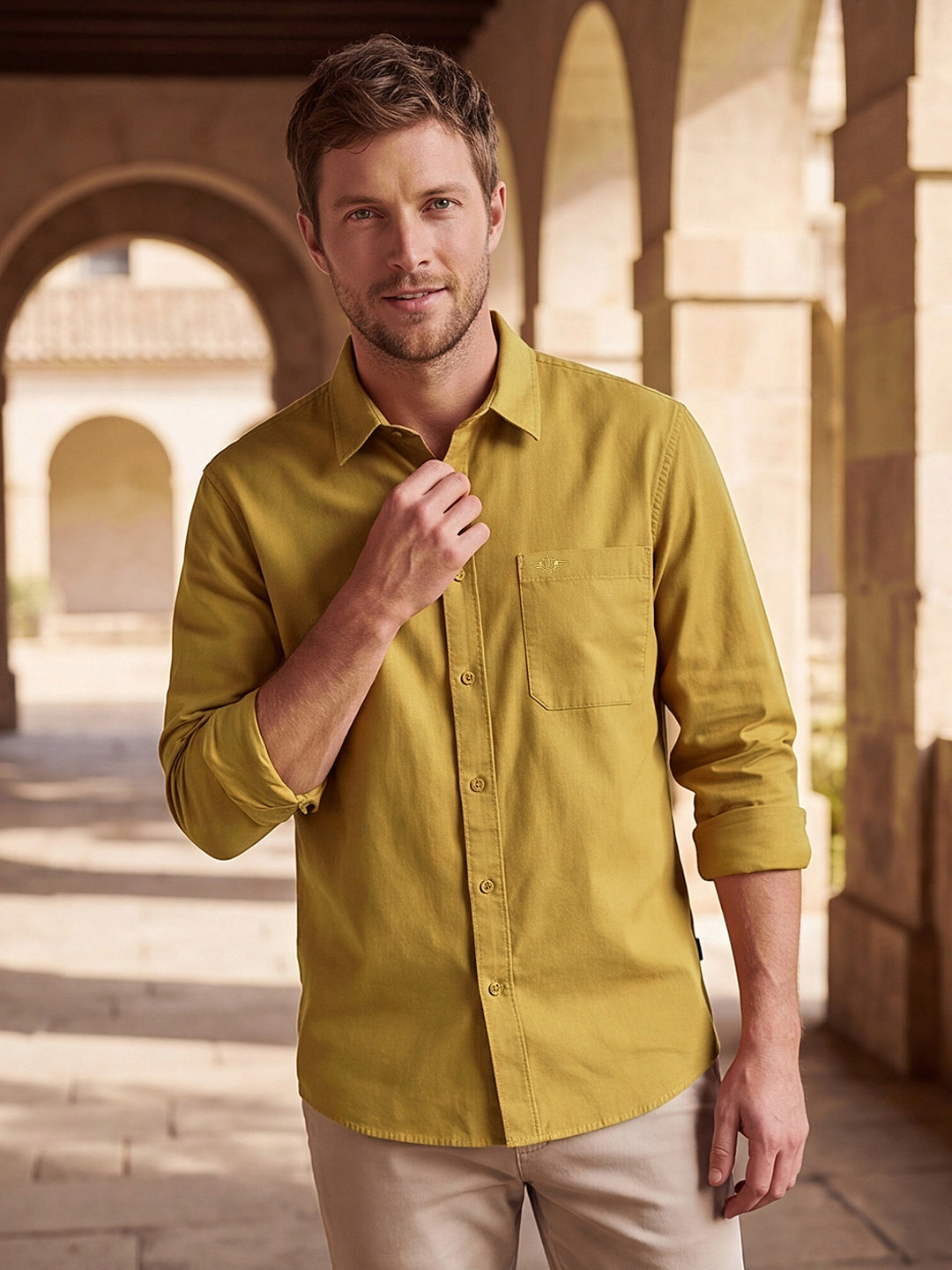 Dockers Men's Mustard Twill Spread Collar Full Sleeve Shirt