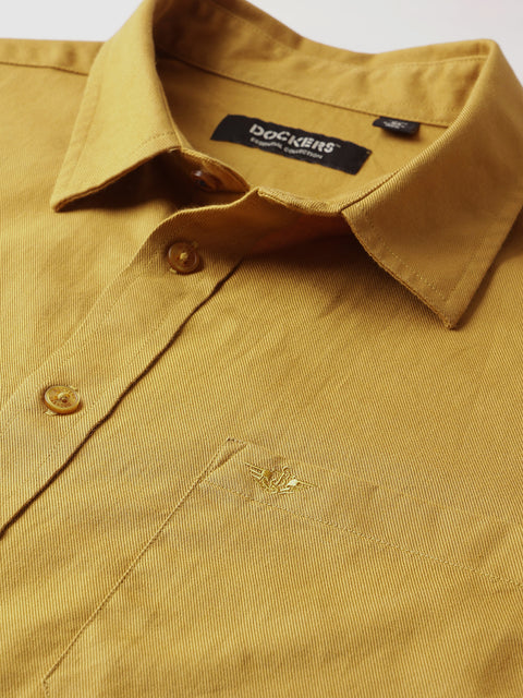 Dockers Men's Mustard Twill Spread Collar Full Sleeve Shirt