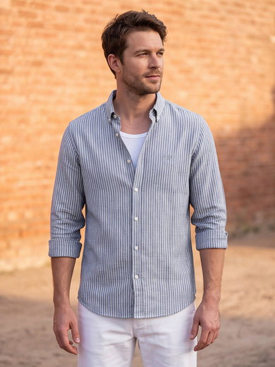Dockers Men's Navy Blue Striped Cotton-Linen Button-Down Full Sleeve Shirt