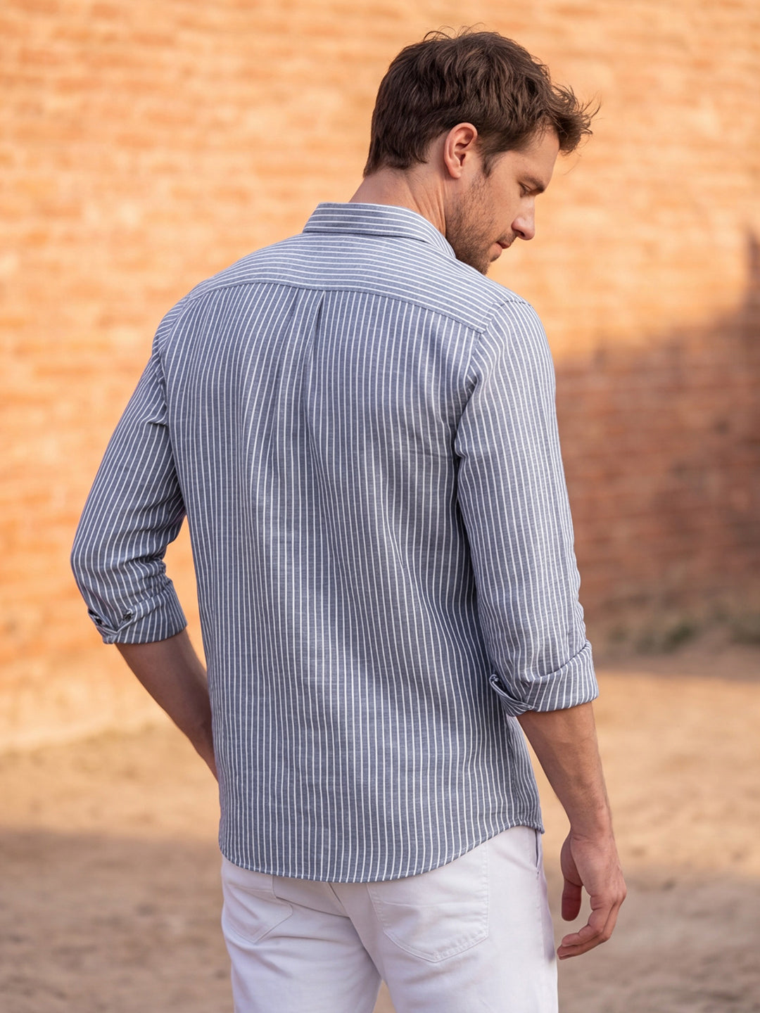 Dockers Men's Navy Blue Striped Cotton-Linen Button-Down Full Sleeve Shirt