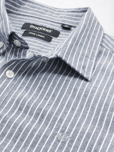 Dockers Men's Navy Blue Striped Cotton-Linen Button-Down Full Sleeve Shirt