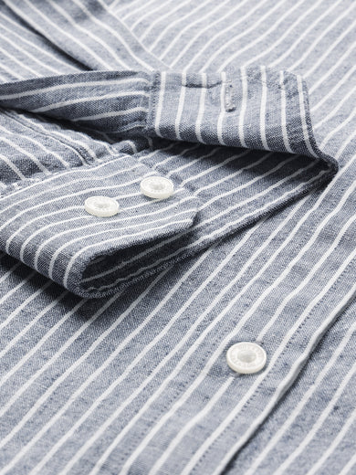 Dockers Men's Navy Blue Striped Cotton-Linen Button-Down Full Sleeve Shirt