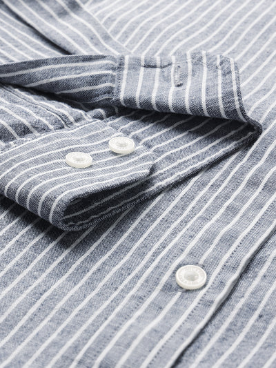 Dockers Men's Navy Blue Striped Cotton-Linen Button-Down Full Sleeve Shirt