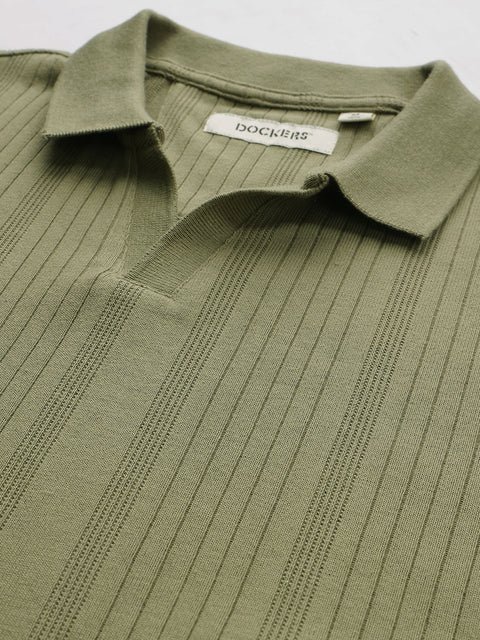 Dockers Men Olive Regular Fit Polo Collar Vertical Stripes T-Shirt