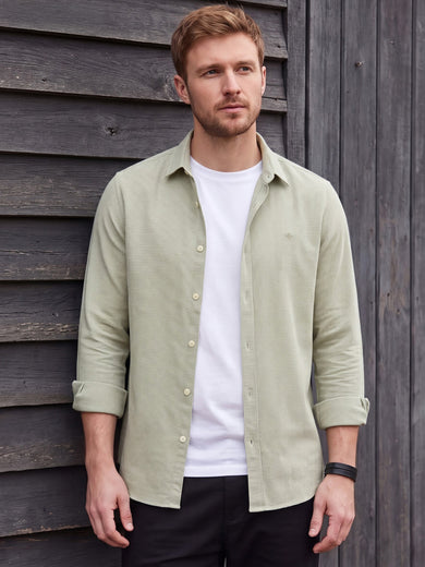 Dockers Men's Olive Textured Cotton-Linen Spread Collar Full Sleeve Shirt