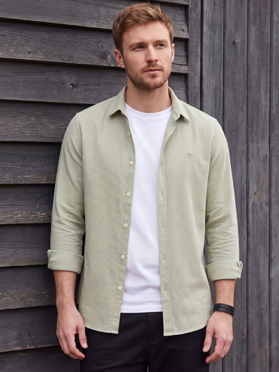 Dockers Men's Olive Textured Cotton-Linen Spread Collar Full Sleeve Shirt