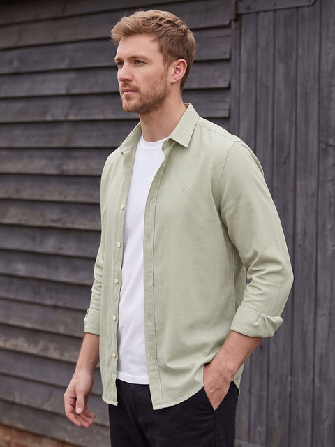 Dockers Men's Olive Textured Cotton-Linen Spread Collar Full Sleeve Shirt