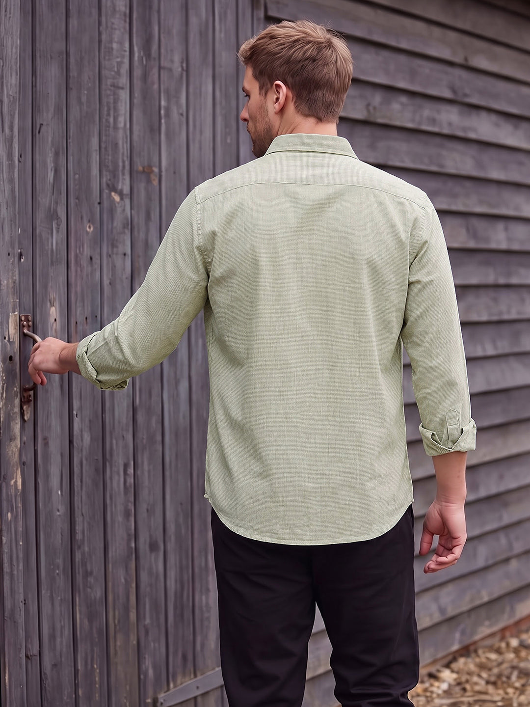 Dockers Men's Olive Textured Cotton-Linen Spread Collar Full Sleeve Shirt